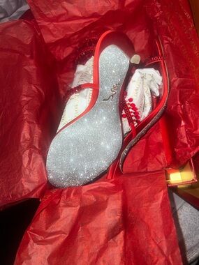 Rene Caovilla Red Crystal Embellished Slingback Heels